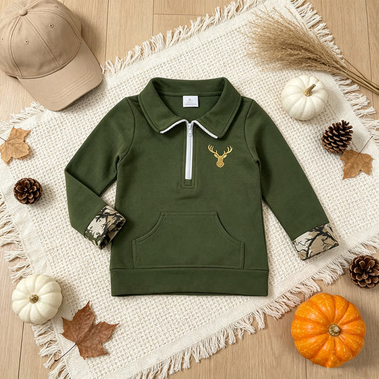 NEW RTS NO MOQ milk silk GT1694 Embroidery Deer Baby Girls Olive Long Sleeve Zip Pocket Hunting Pullovers Top