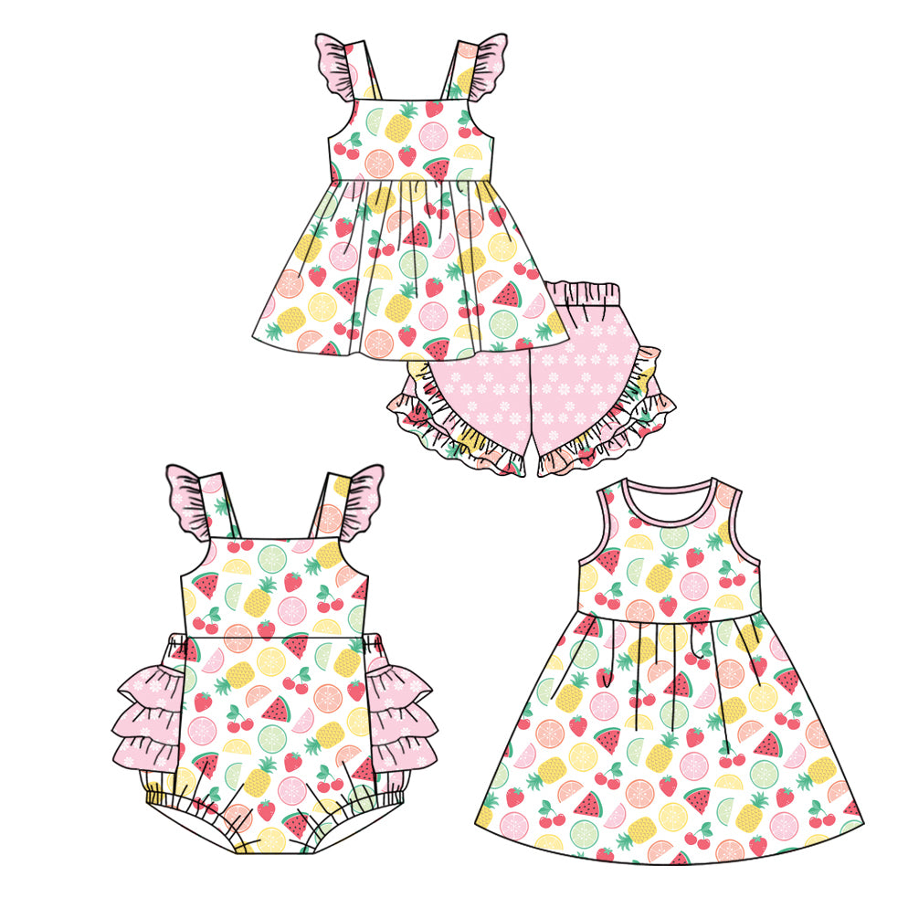 12.12 custom each style moq 5eta 4-6week Sibling Sister fruit baby girl short sleeve shorts sets and dress and rompers match family design