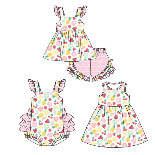 12.12 custom each style moq 5eta 4-6week Sibling Sister fruit baby girl short sleeve shorts sets and dress and rompers match family design