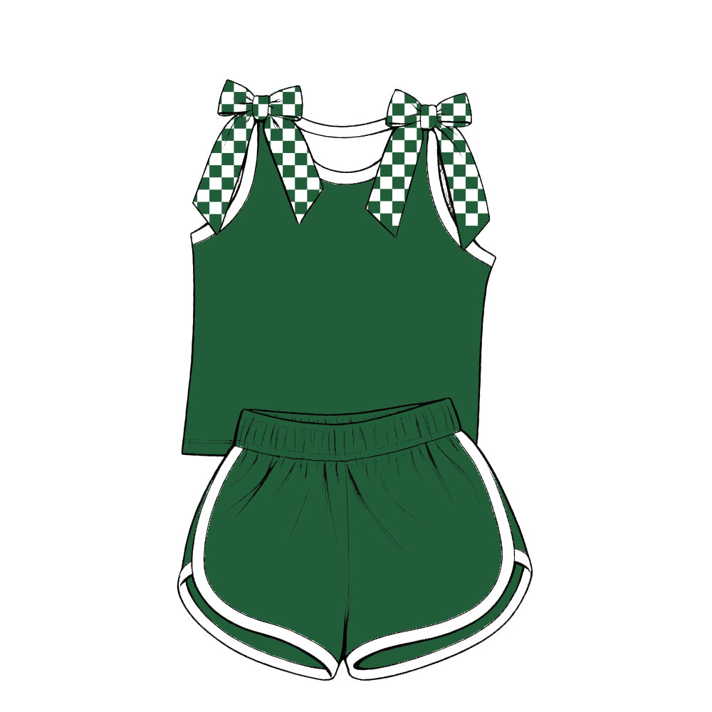 custom moq 5 mix size Baby Girls Green White Checked Bow Sleeveless Top Shorts Summer Casual Outfit Set