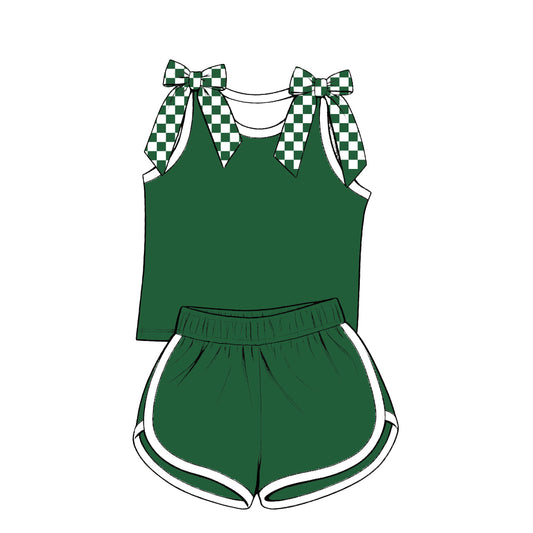 custom moq 5 mix size Baby Girls Green White Checked Bow Sleeveless Top Shorts Summer Casual Outfit Set