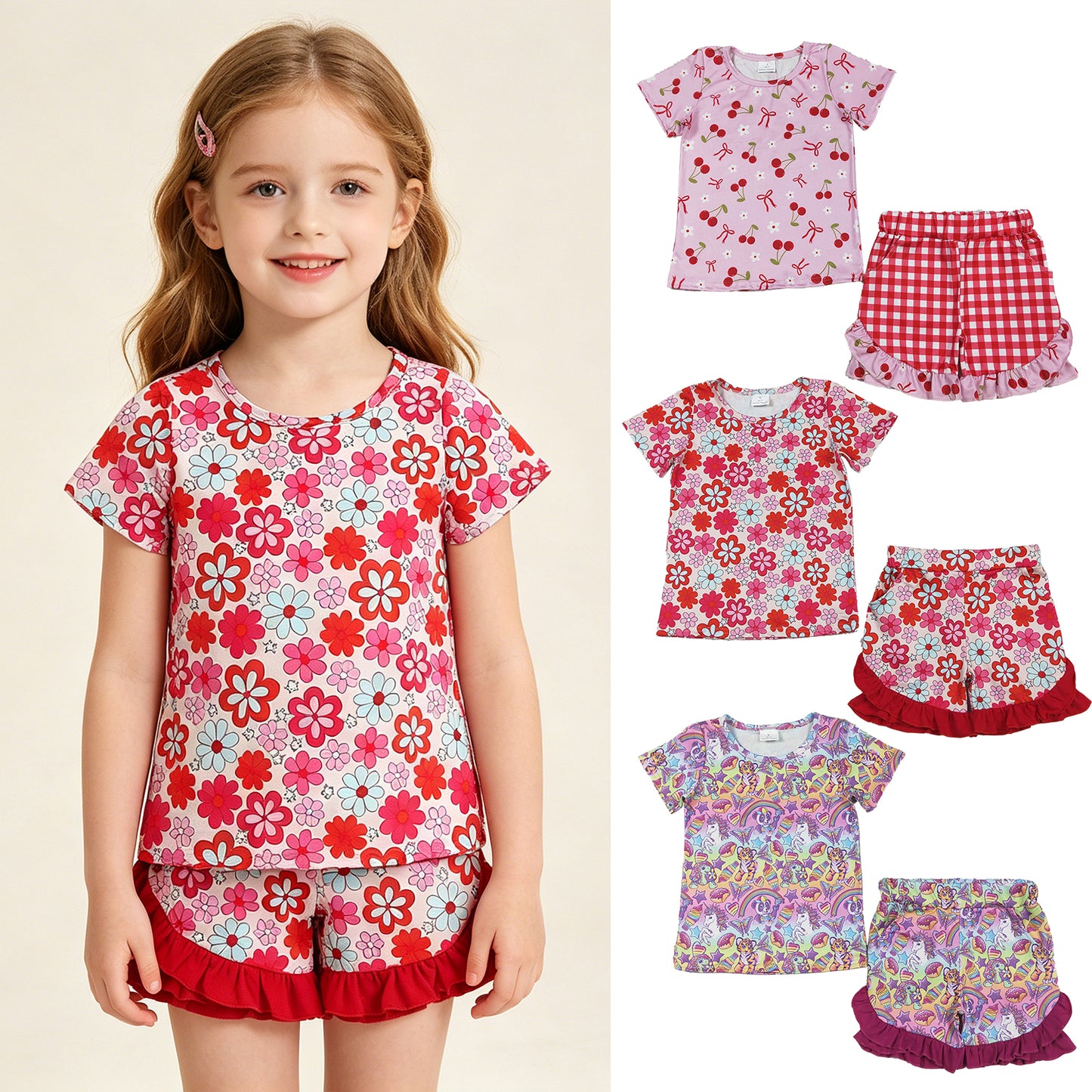 RTS NO MOQ Sibling Baby Girls Cute Colorful Flower Top Ruffle Shorts Casual Set