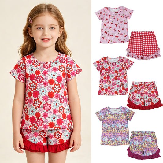 RTS NO MOQ Sibling Baby Girls Cute Colorful Flower Top Ruffle Shorts Casual Set