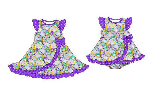 25.10.20 custom each style moq 5 eta 6-8week Sibling Sisters mardi gras baby girl short sleeve dress and romper match family design