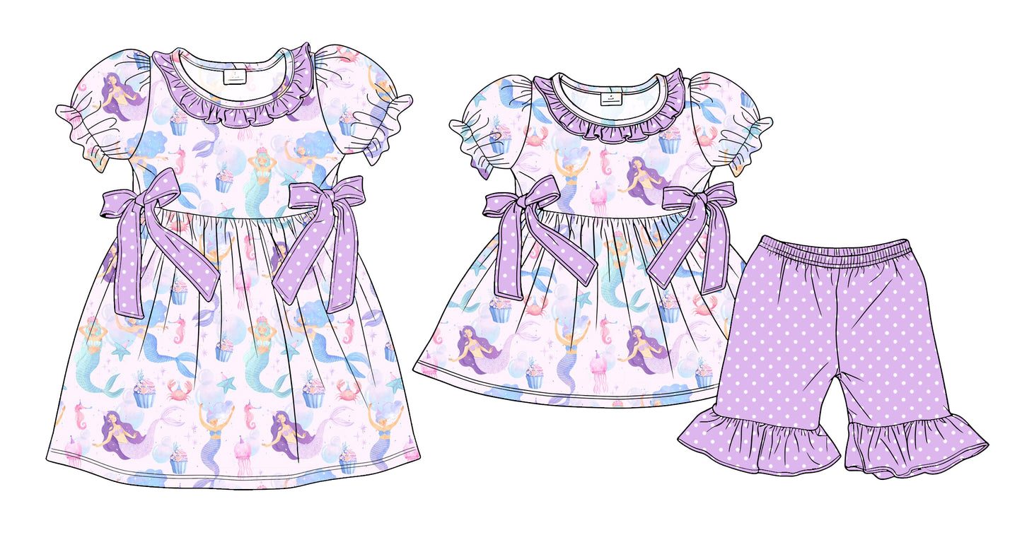3.24  Custom moq 5 mix size Sibling Baby Girl's Purple Short-Sleeved Top with Bow And Short Set Cute Short-Sleeved Dress for Summer