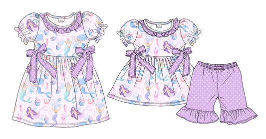 3.24  Custom moq 5 mix size Sibling Baby Girl's Purple Short-Sleeved Top with Bow And Short Set Cute Short-Sleeved Dress for Summer