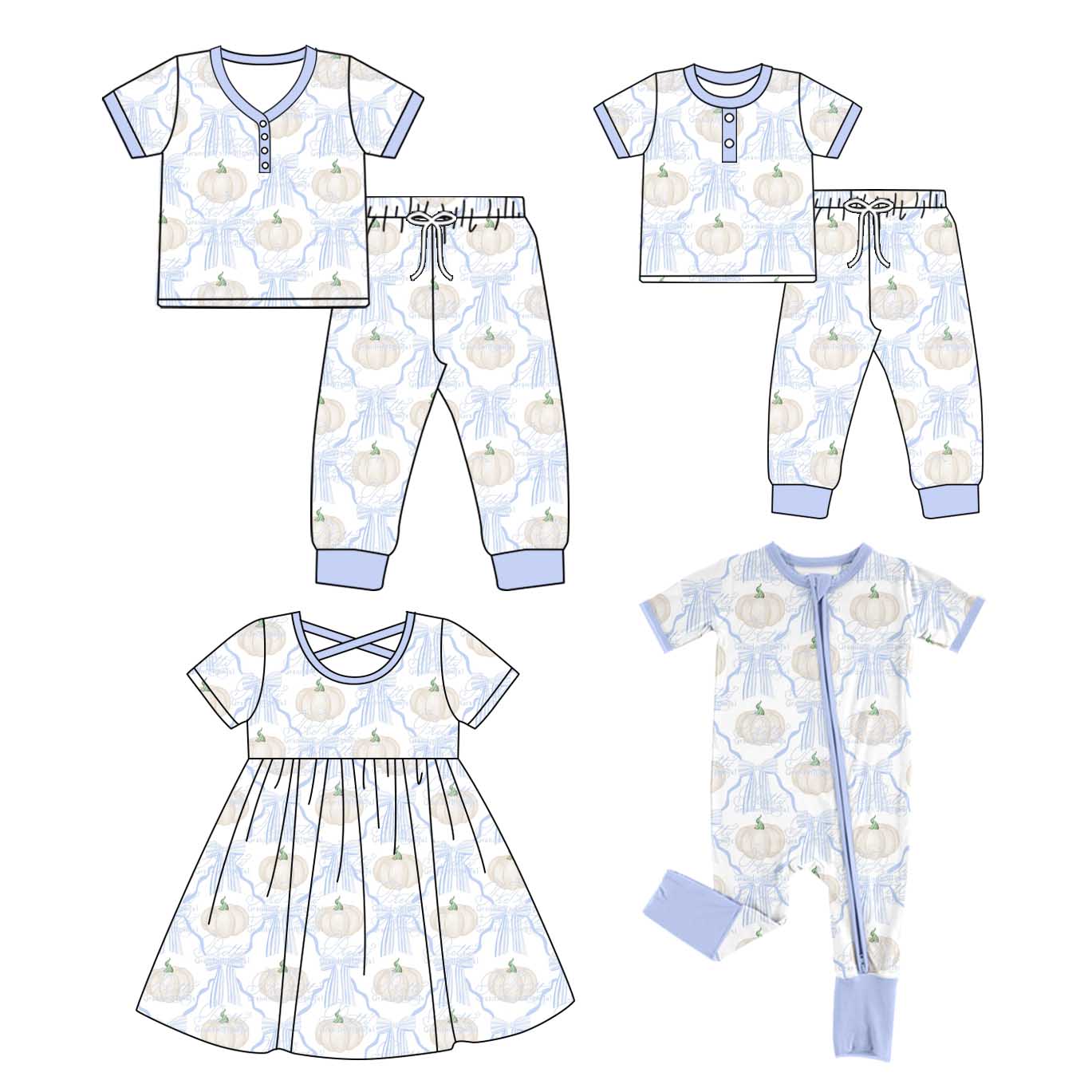 4.26 custom each style moq 5eta 4-6week Sibling Sister pumpkin bow short sleeve pants sets and adult sets and dress and romper match design