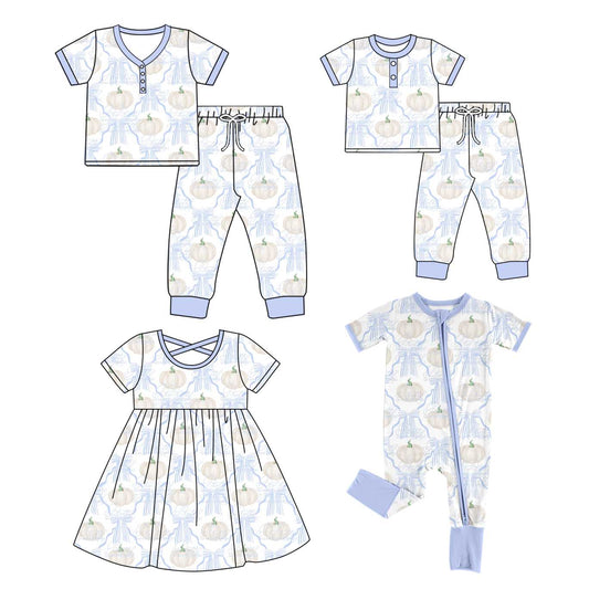 4.26 custom each style moq 5eta 4-6week Sibling Sister pumpkin bow short sleeve pants sets and adult sets and dress and romper match design