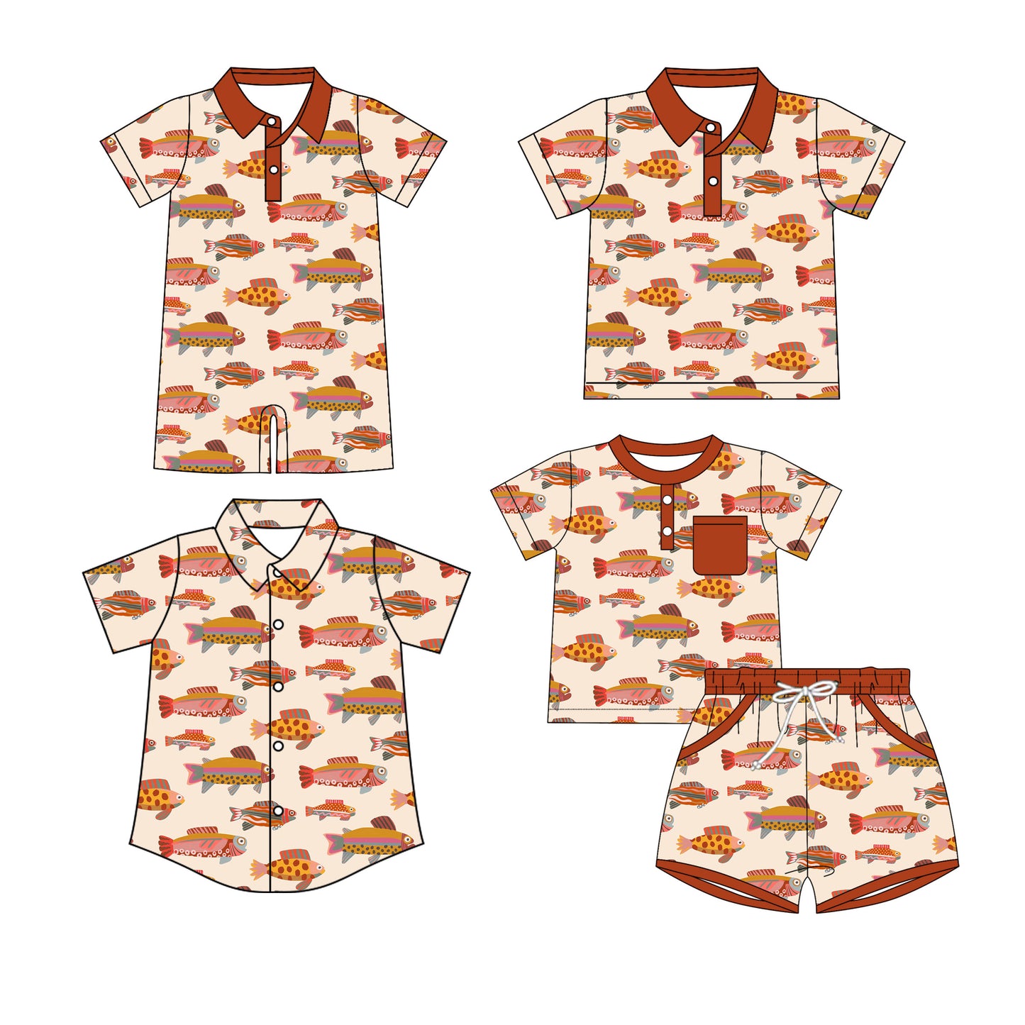 25.11.1 custom each style moq 5 eta 6-8 week Sibling Sister fishes baby boy short sleeve shorts sets and boy rompers and top 2 match family design