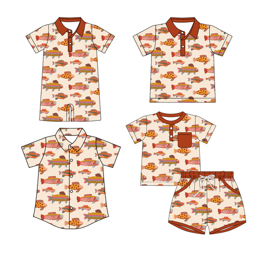 25.11.1 custom each style moq 5 eta 6-8 week Sibling Sister fishes baby boy short sleeve shorts sets and boy rompers and top 2 match family design