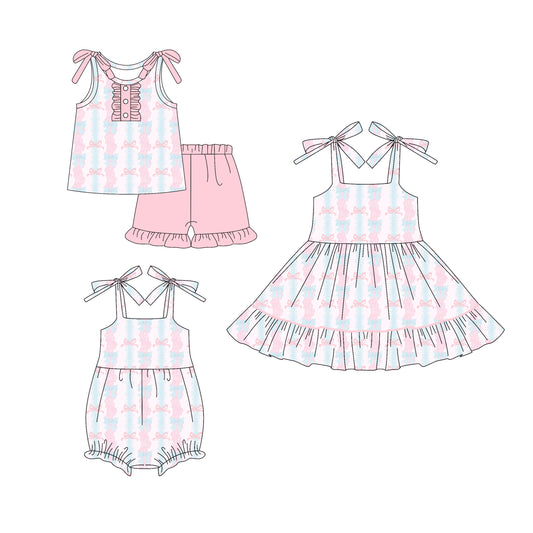 25.5.30 custom each style moq 5eta 4-6week Sibling Sisters bow floral pink baby girl short sleeve shorts sets and dress and rompers match family design