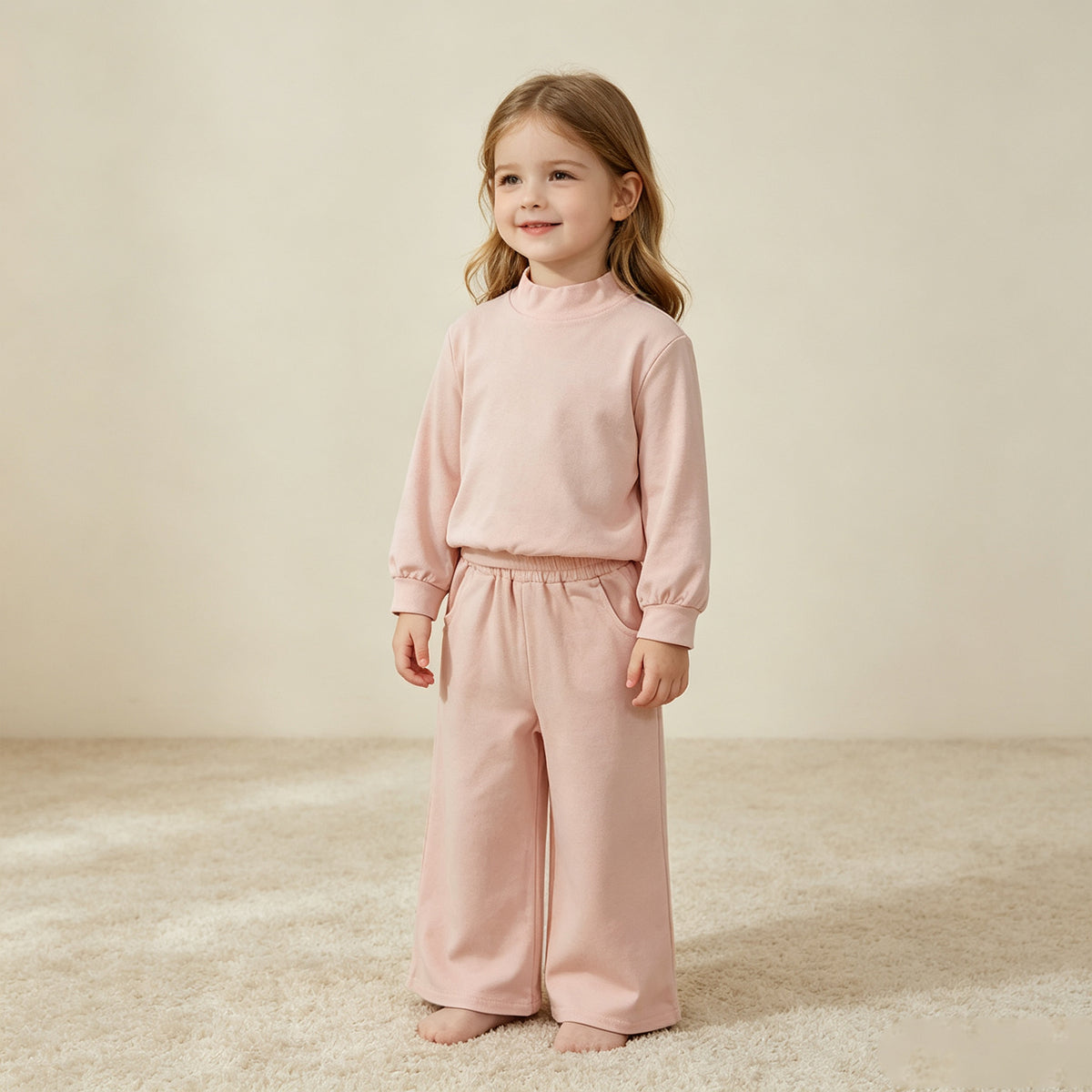 NEW RTS NO MOQ cotton GLP3410 Baby Girls Light Pink Pocket Long Sleeve Top Flare Pants Set Casual Sleepwear