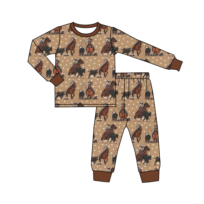8.15 custom each style moq 5eta 4-6week Sibling Sister riding horse brown baby boys sets and rompers match family design