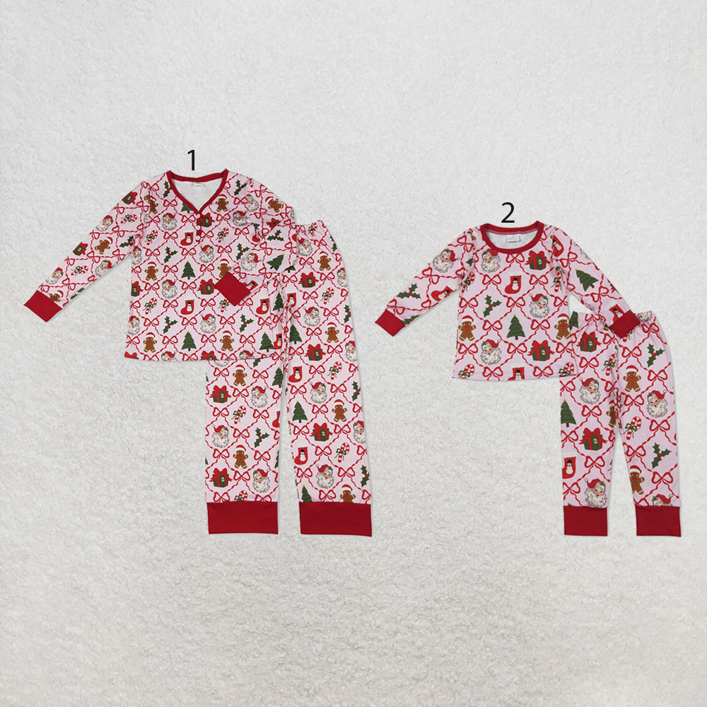 RTS NO MOQ milk silk Sibling Christmas Adult To Match Kids Red Cute Bow Santa Gift Check Long Sleeve Button Top Elastic Pants Christmas Pajama Set