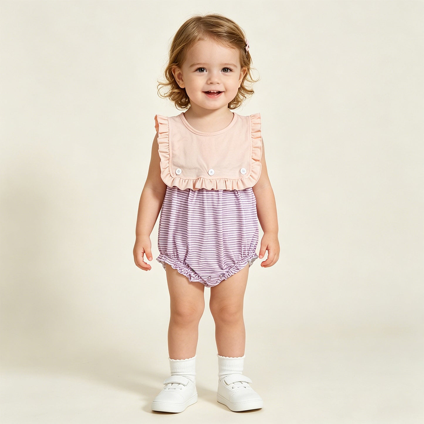 RTS NO MOQ SR3941 Baby Girls Cute Lavender Stripe Sleeveless Back Button Ruffle Rompers