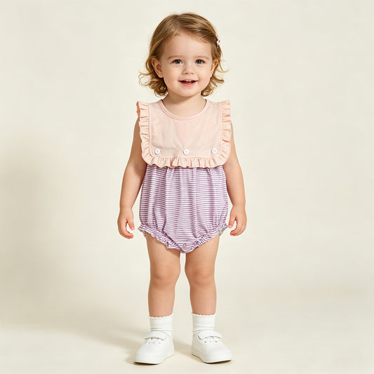 RTS NO MOQ SR3941 Baby Girls Cute Lavender Stripe Sleeveless Back Button Ruffle Rompers