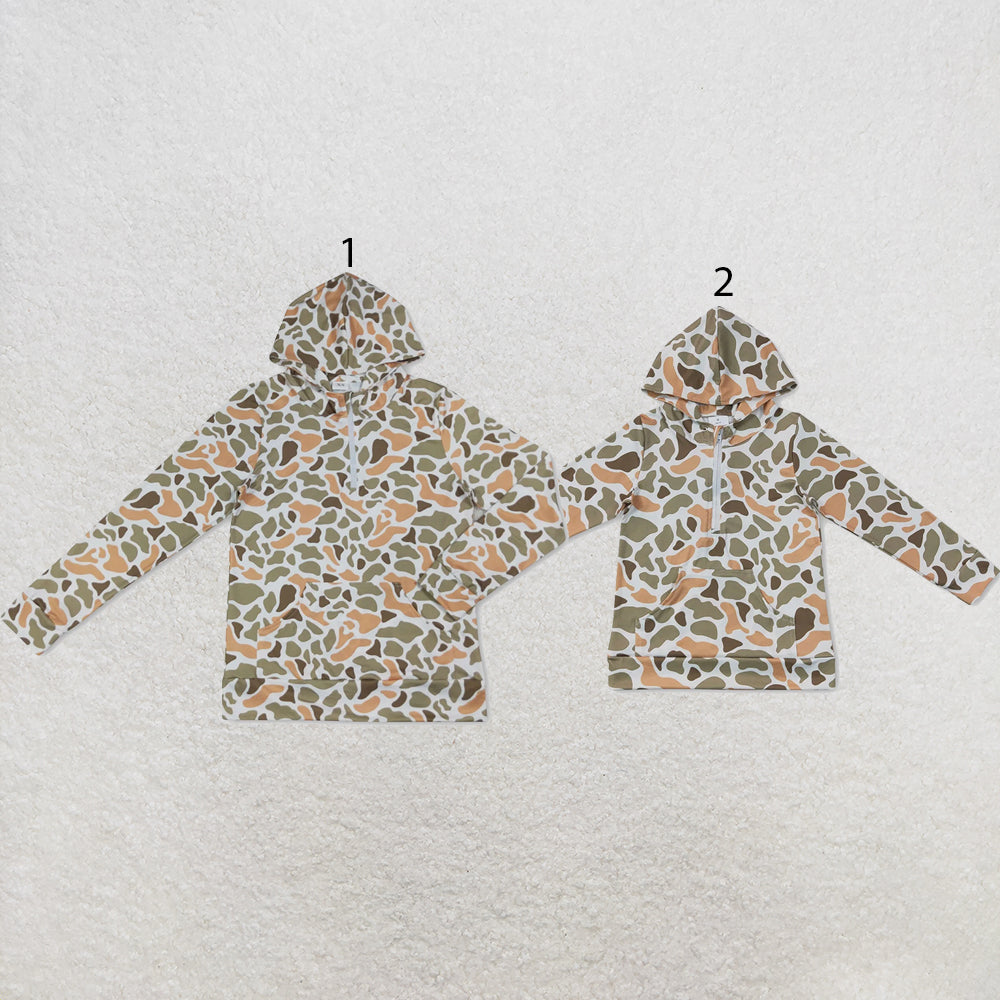 RTS NO MOQ milk silk Sibling Adult To Match Kids Long Sleeve Green Yellow Camo Print Zip Pocket Hoodies Tops Casual Tops