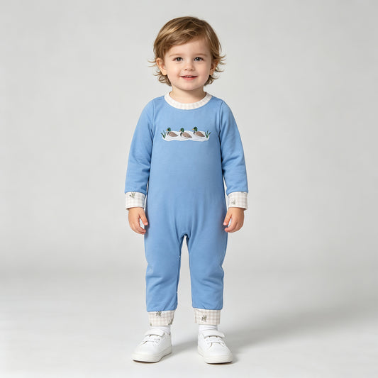 NEW RTS NO MOQ milk silk LR3007 Embroidery Baby Boys Duck Long Sleeve Hunting Rompers