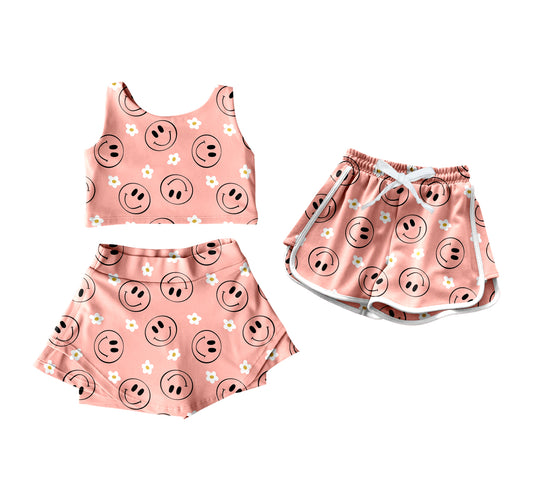 4.18 custom each style moq 5eta 4-6week Sibling Sister smiley floral baby girls clothes Short sleeve yoga dress and shorts match family design