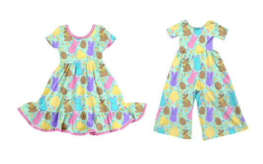 25.9.30 custom each style moq 8 eta 6-8week Sibling Sisters bunny baby girl long sleeve dress and jumpsuit match family design