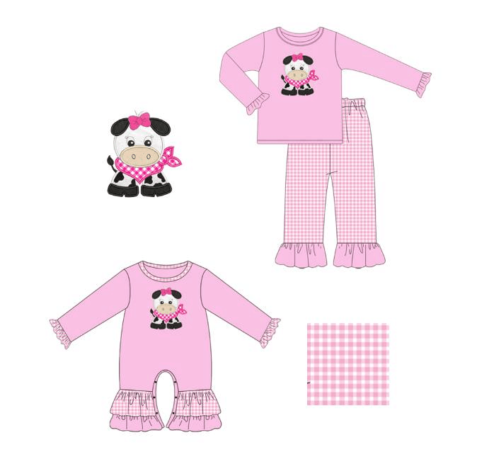 5.20custom each style moq 5eta 4-5week Sibling Sister cow prints pink girls outfits and baby romper match family design