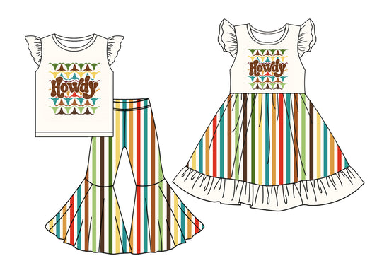 5.2 custom each style moq 5eta 4-6week Sibling Sister HOWDY baby girl pants sets and dress match family design