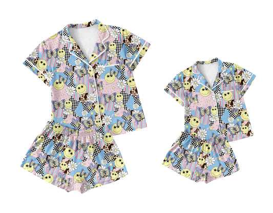 12.28 custom each style moq 5eta 4-6week Sibling Sister smiley floral short sleeve shorts sets and adult sets match design