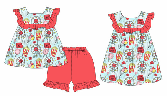 3.2 Custom moq 5 mix size Sibling Baby Girl's Short-Sleeved Top And Red Shorts Set Cute Dress for Summer
