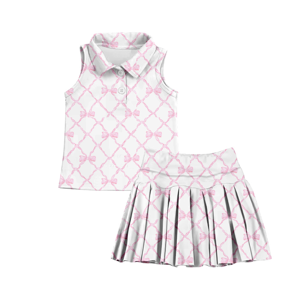 7.2 custom each style moq 5eta 4-6week smiley bow pink baby girls clothes Yoga Wear girls sets and sleeveless dress
