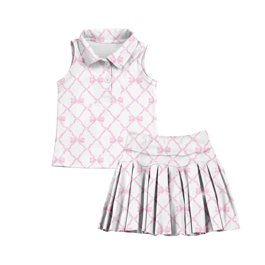 7.2 custom each style moq 5eta 4-6week smiley bow pink baby girls clothes Yoga Wear girls sets and sleeveless dress