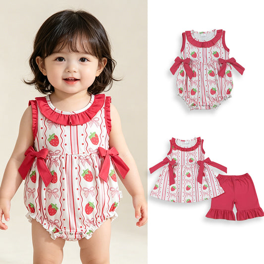 RTS NO MOQ Sibling Baby Girls Strawberry Bows Stripe Tunic Ruffle Shorts Outfit Set Rompers Clothing Set for Infants