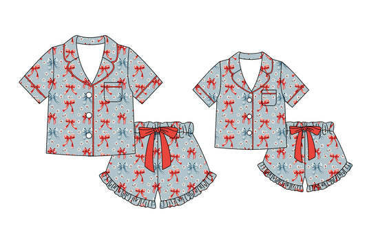 Custom moq 5 mix size Sibling Mom And Me 4th of July Bow Print Pajama Set Short-Sleeved Top And Shorts Matching Sleepwear