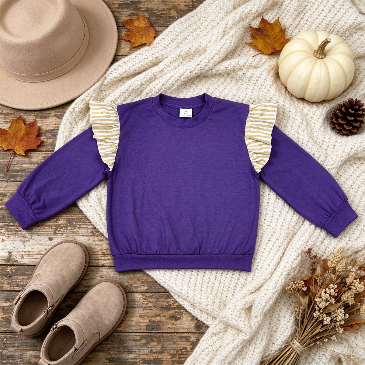 NEW RTS NO MOQ milk silk GT1846 Baby Girls Purple Khaki Stripe Long Flutter Sleeve Casual T Shirts Top For Daily Wear