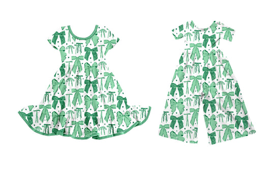 25.9.26 custom each style moq 8 eta 6-8week Sibling Sisters bow green baby girl long sleeve dress and jumpsuit match family design