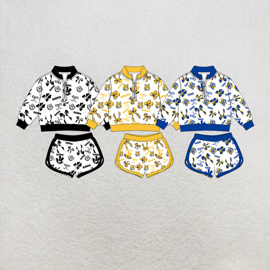 custom moq 5 mix size MSD073010 Baby Kids Bow Print Quarter Zip Sweatshirt and Shorts Team Outfit Set