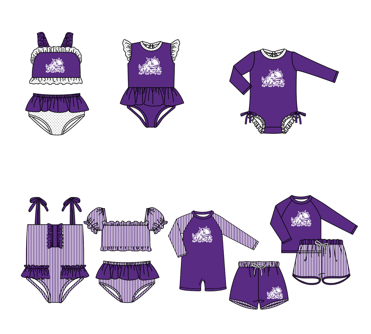 Custom moq 5 mix size milk silk summer teams baby girl boys clothes Purple Two-Piece Swimsuit Set One Piece Swimsuits boy swim trunks