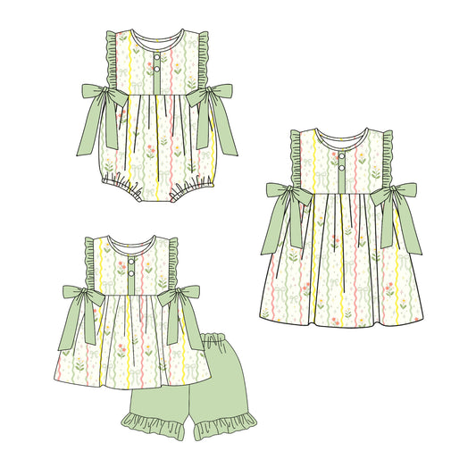 4.1 Custom moq 5 mix size Sibling Baby Girl's Green Sleeveless Tunic Ruffle Shorts Set Cute Romper Dress for Summer