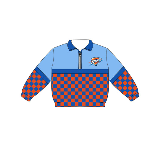Custom moq 5 mix size milk silk summer teams Adult And Kids Long Sleeve Checked Blue Tee Shirts Zip Pullovers Tops
