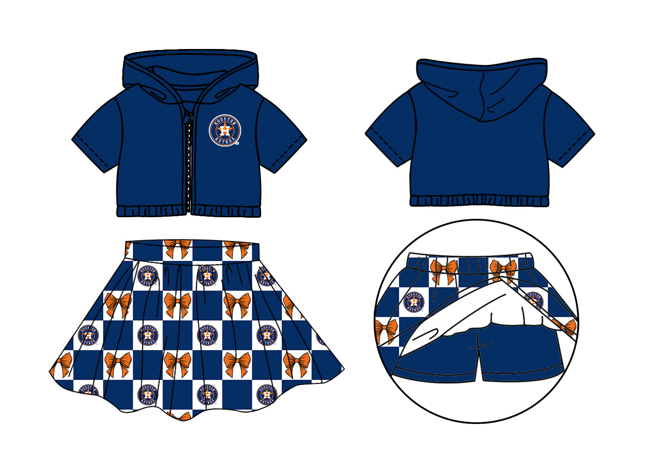 Custom moq 3 or 5 mix size milk silk summer teams baby girl clothes bow blue zipper hooded short sleeve shorts skirts sets-26.1.21