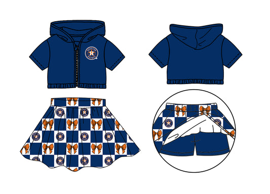 Custom moq 3 or 5 mix size milk silk summer teams baby girl clothes bow blue zipper hooded short sleeve shorts skirts sets-26.1.21