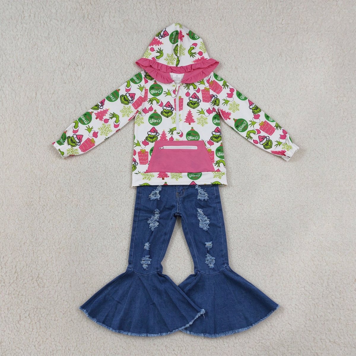 NEW RTS NO MOQ Denim GT1164+ P0133 Cute Clothes Baby Girls Christmas Print Ruffle Hoodie Zip Top Distressed Flare Denim Pants Set
