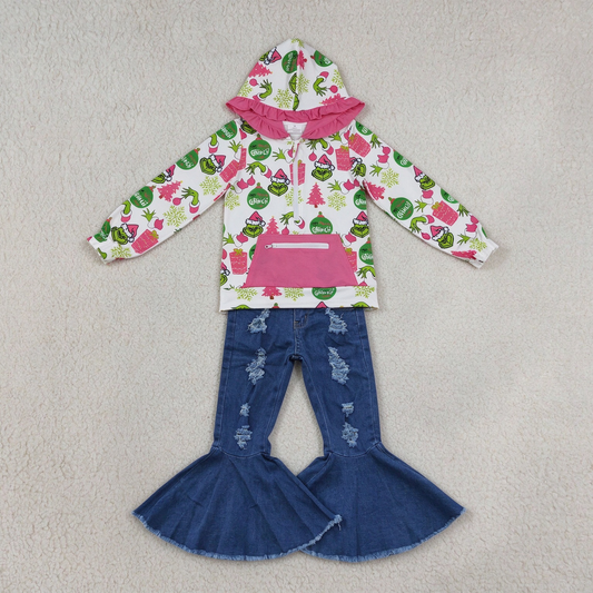 NEW RTS NO MOQ Denim GT1164+ P0133 Cute Clothes Baby Girls Christmas Print Ruffle Hoodie Zip Top Distressed Flare Denim Pants Set