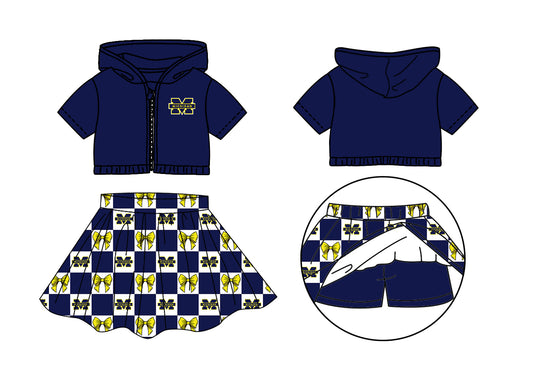 Custom moq 3 or 5 mix size milk silk summer teams baby girl clothes bow zipper hooded short sleeve shorts skirts sets-26.1.22