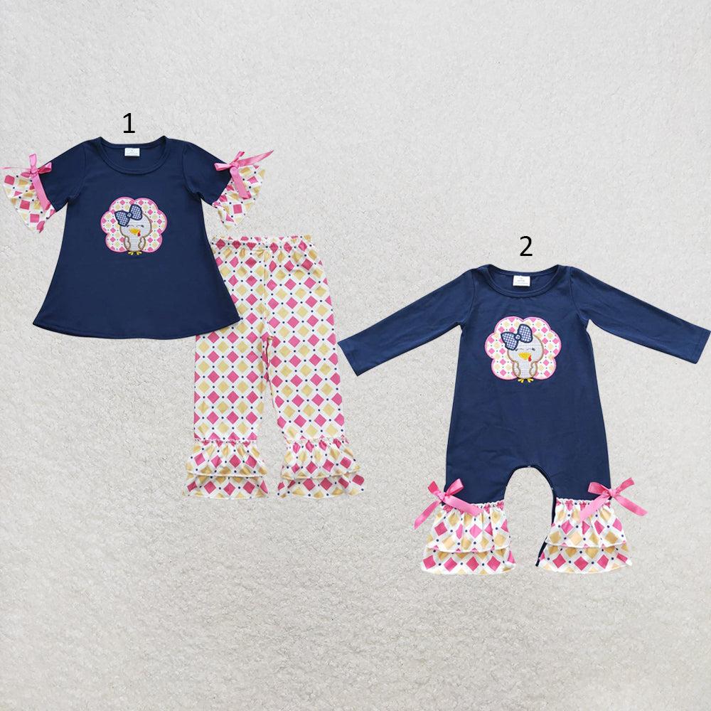 RTS NO MOQ Sibling milk silk Sibling Baby Girls Navy Turkey Print Top Ruffle Pants Two Piece Clothes Sets Rompers