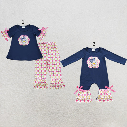 RTS NO MOQ Sibling milk silk Sibling Baby Girls Navy Turkey Print Top Ruffle Pants Two Piece Clothes Sets Rompers
