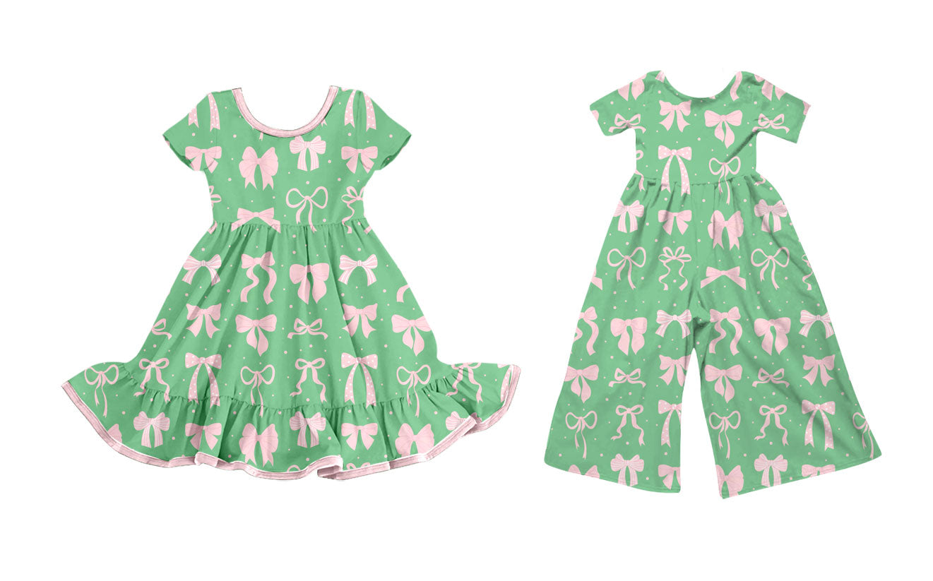 25.9.25 custom each style moq 8 eta 6-8week Sibling Sisters bow green baby girl long sleeve dress and jumpsuit match family design