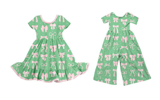 25.9.25 custom each style moq 8 eta 6-8week Sibling Sisters bow green baby girl long sleeve dress and jumpsuit match family design