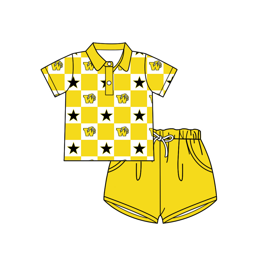 Custom moq 5 mix size milk silk summer teams Checked Bows Yellow Baby Girl Sleeveless Top Skirt Short Set Dress And Shorts Yoga Outfit Boy's Top Shorts Set Romper