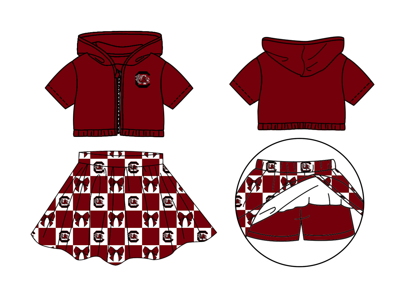 Custom moq 3 or 5 mix size milk silk summer teams baby girl clothes bow dark red zipper hooded short sleeve shorts skirts sets-26.1.20
