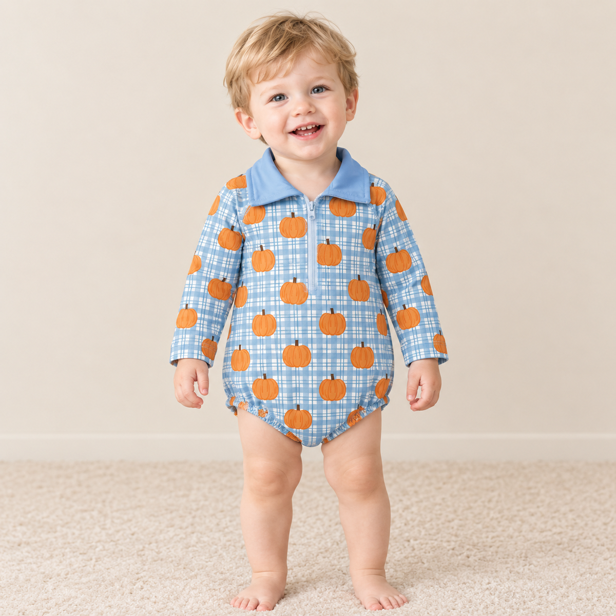 NEW RTS NO MOQ milk silk LR3201 Baby Boys Blue Checked Pumpkins Fall Zip Long Sleeve Cute Rompers